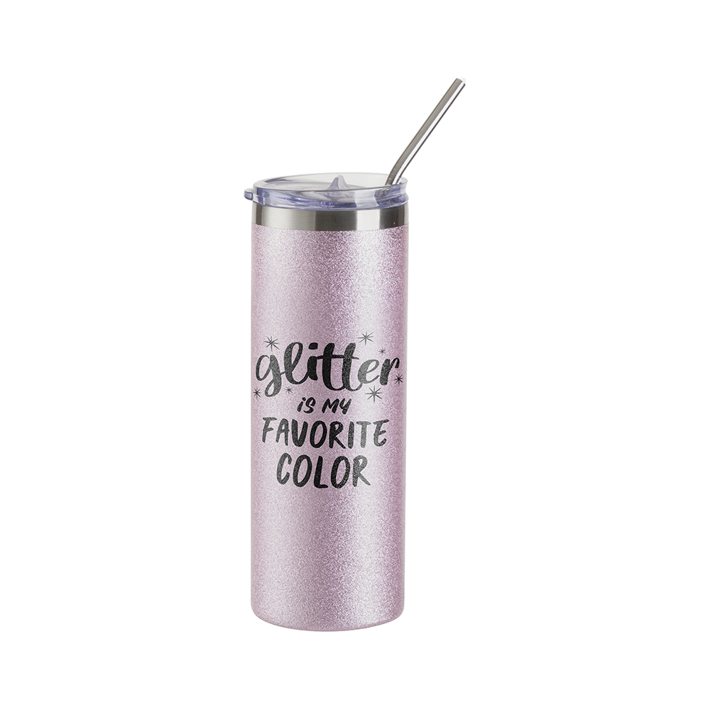 Sublimation Glitter Stainless Steel Skinny T Tumbler with Straw &amp; Lid Blank, Pink - 20 oz/600 ml (4 Pack)