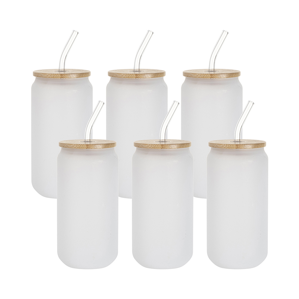Craft Express 6 Pack 18oz Frosted Glass Can-Shaped Mugs with Bamboo Lids and Glass Straws