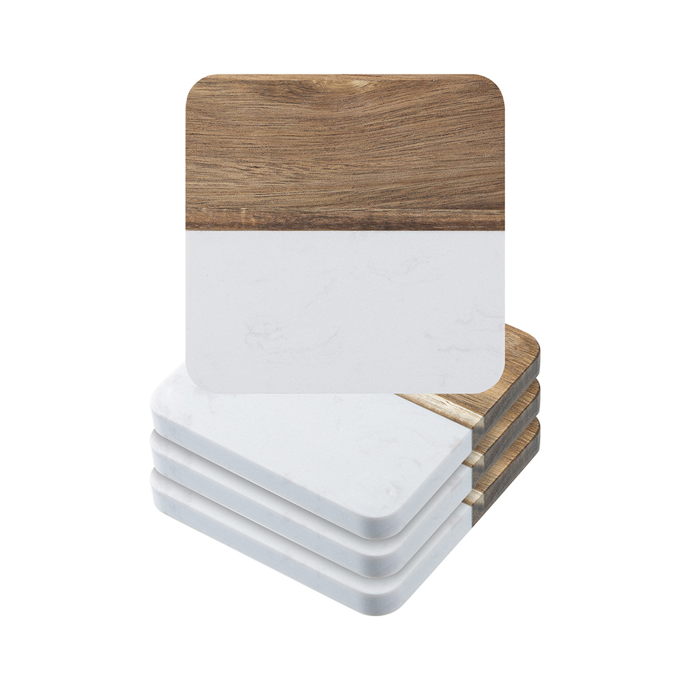 Be Home White Marble & Wood Square Coasters